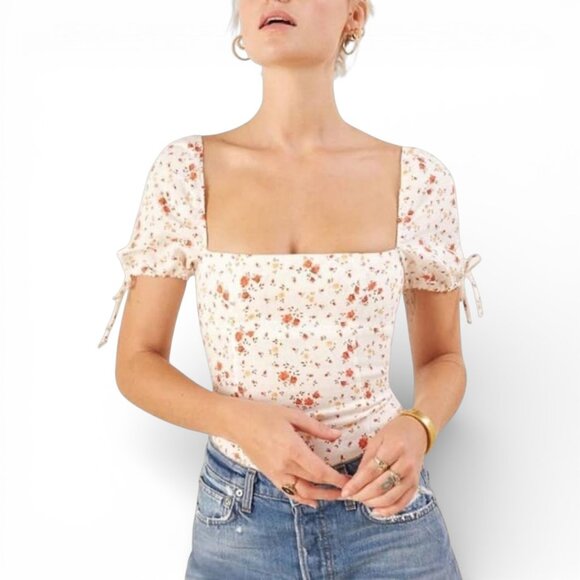 Reformation River Top Floral Square Neck Puff Sleeve Blouse Size 6